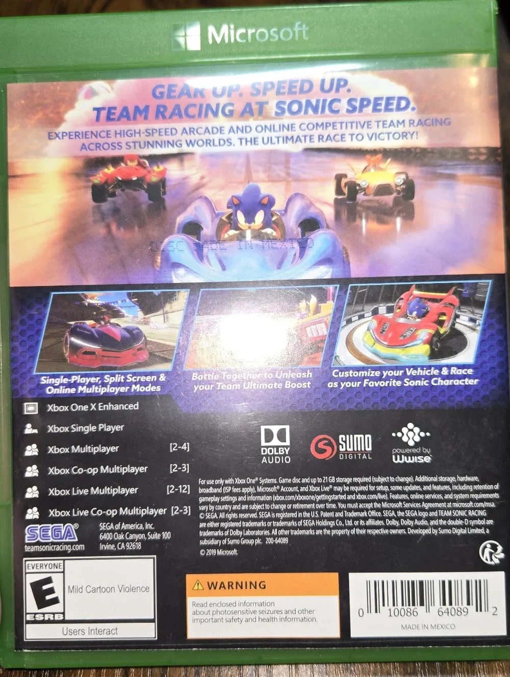 XBox ONE Team Sonic Racing Game Used